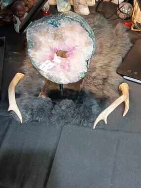 Natural Amethyst Geode Display on Stand - Purple and White